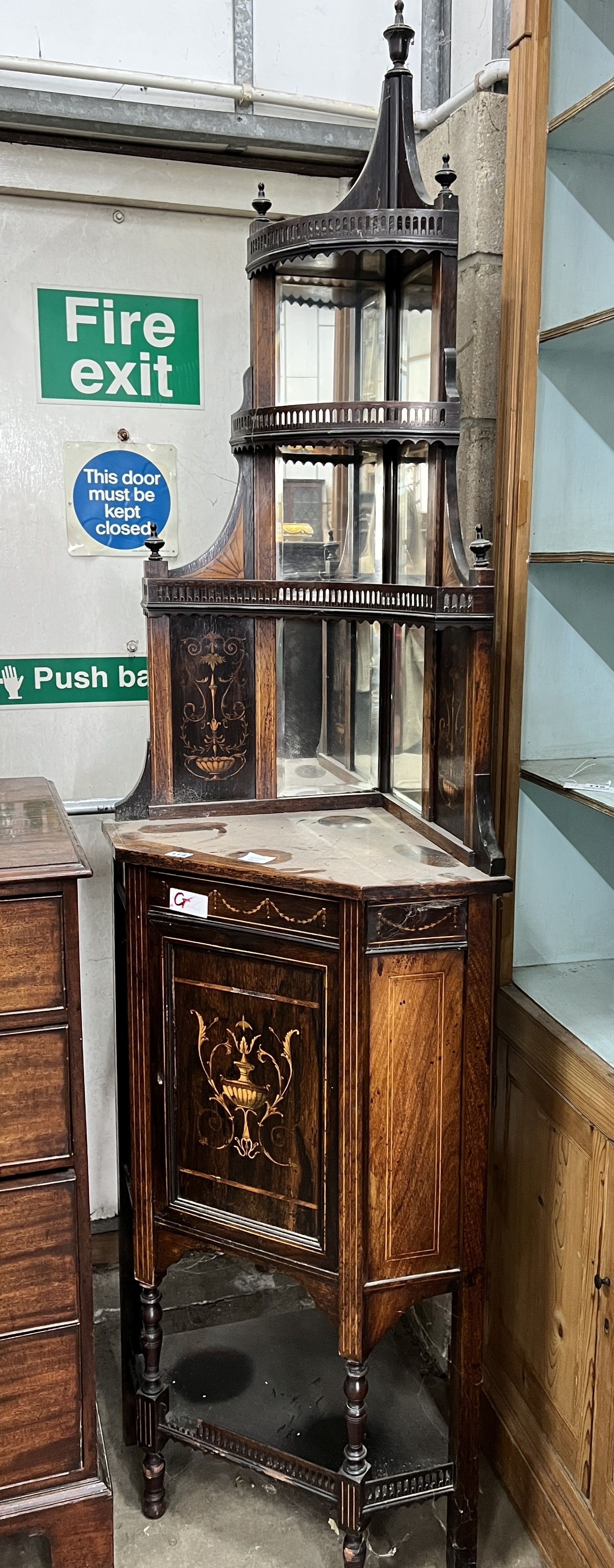 An Edwardian marquetry inlaid rosewood standing corner cabinet, width 65cm, depth 42cm, height 220cm